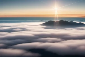 Flying high above the clouds with the sun in the background.