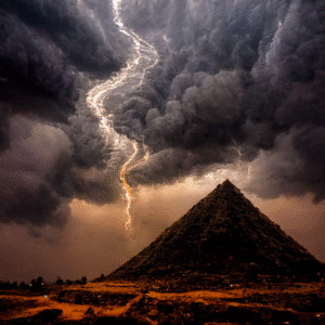 An AI generated pic of the great pyramid in a lightning storm.