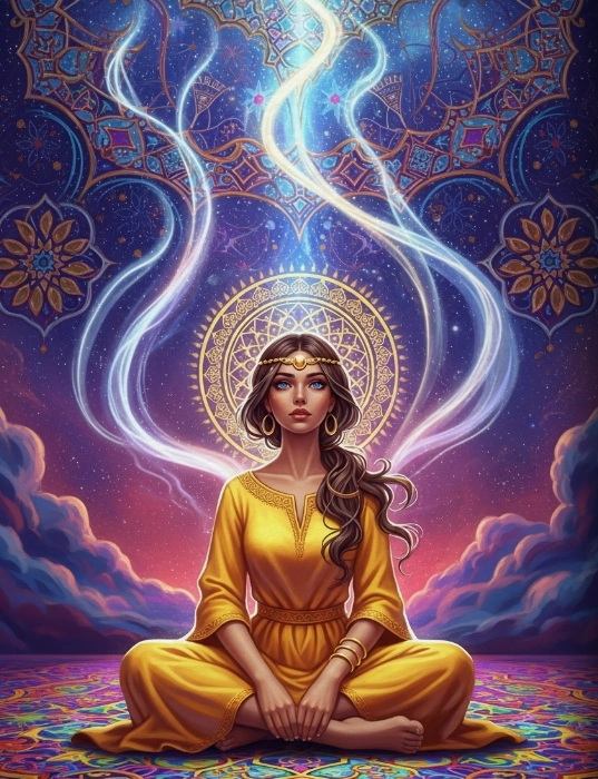 A young woman sits in meditation.