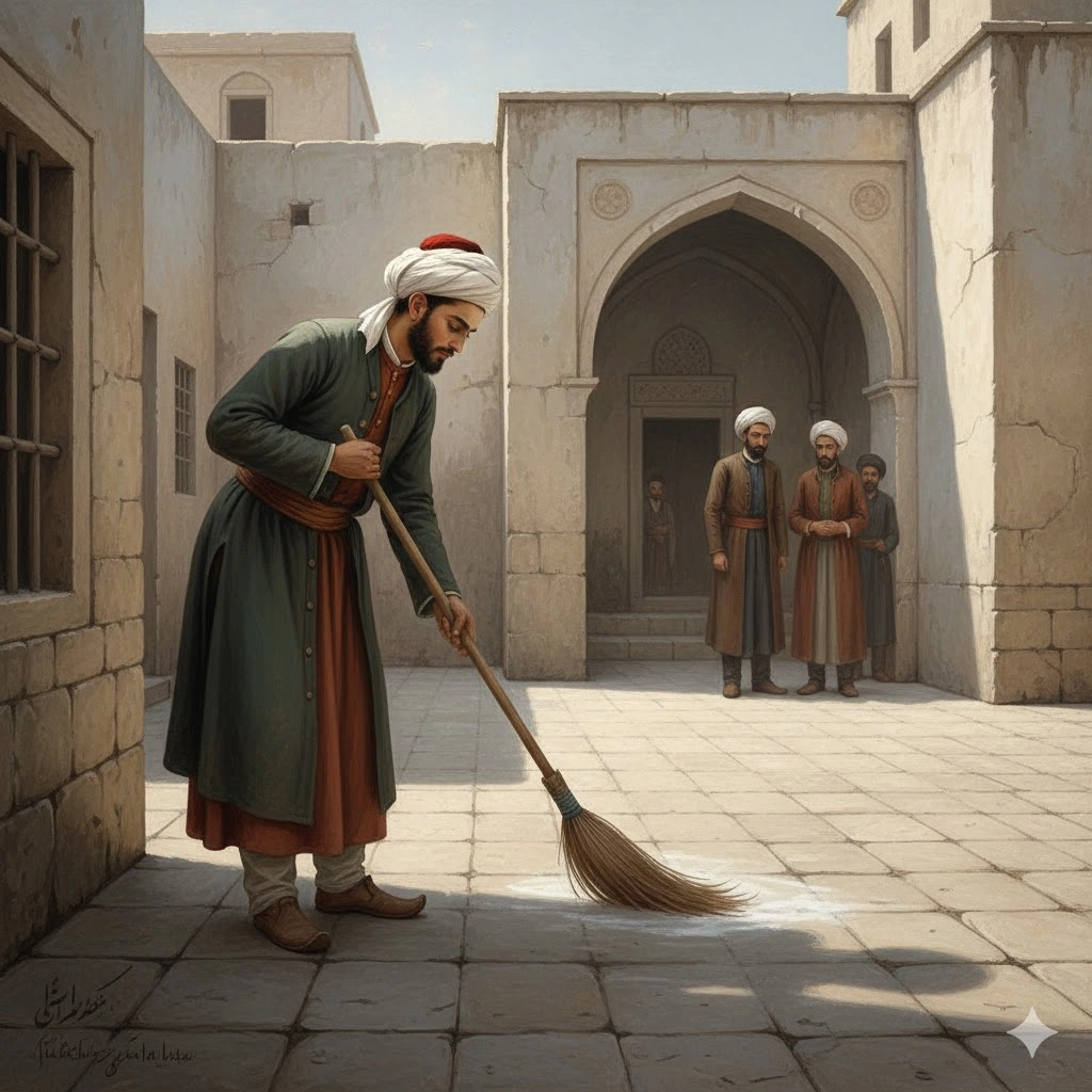Hadi sweeping the courtyard.